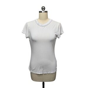 Ted Baker Shirt Womens 2 White Ruffle Trim Crewneck Short Sleeve Viscose Stretch